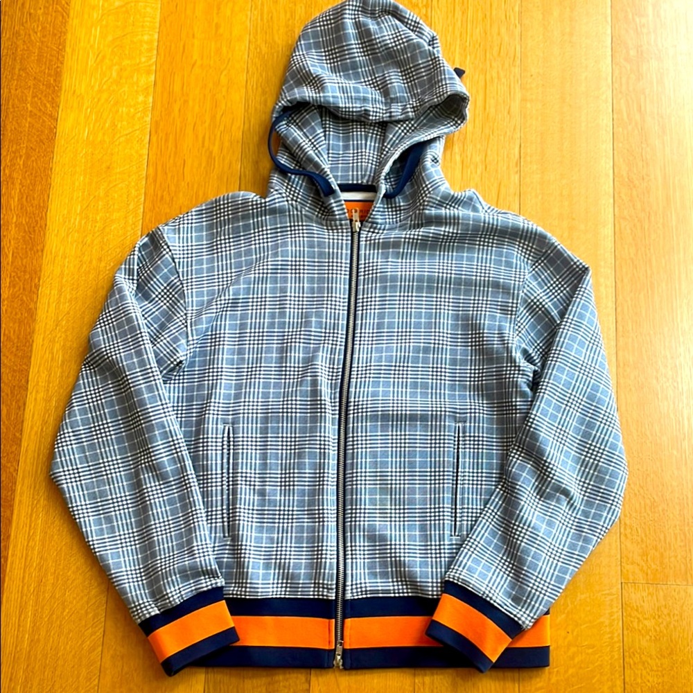 Plaid Hooded Jacket with Orange Accents